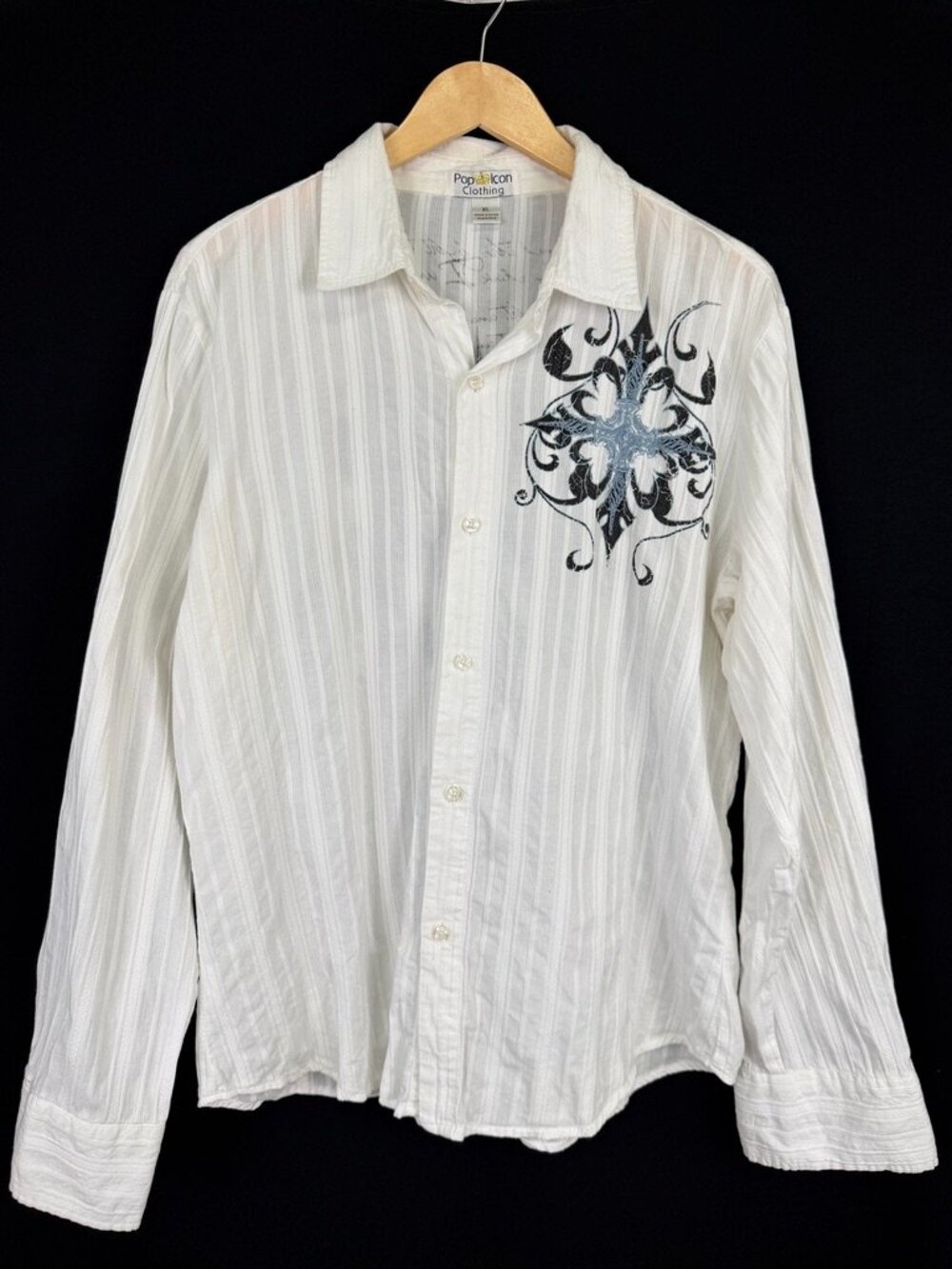 Pop Icon Clothing Rhinestone Cross Graphic Button Up Shirt White Mens XL